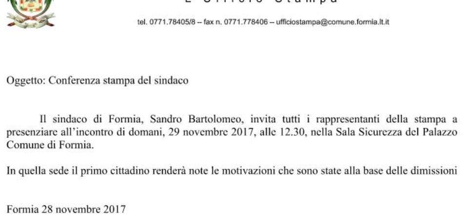 Formia / L’ufficio stampa del Comune invita alla conferenza di commiato del sindaco Bartolomeo