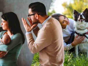 due persone che litigano e una persona che gioca con il cane