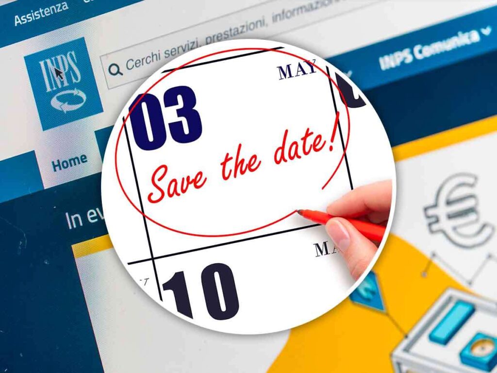 Sito web INPS e calendario con data 3 maggio