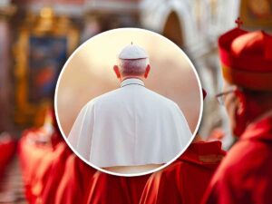 Papa di spalle e conclave sullo sfondo