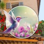 Piante sul balcone e uccellino tra i fiori