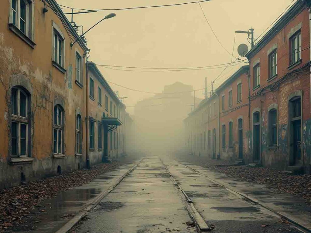 Strada desolata con nebbia all'orizzonte