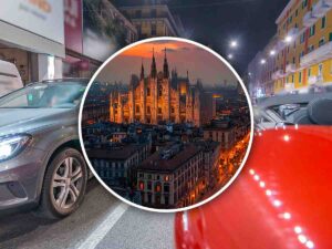 il Duomo di Milano in un cerchio con dietro due auto in transito