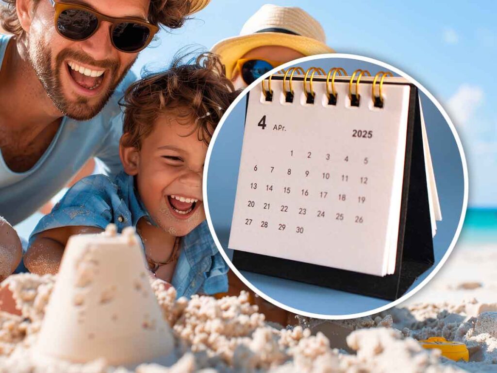 calendario da tavolo con dietro gente che sorride in spiaggia