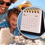 calendario da tavolo con dietro gente che sorride in spiaggia
