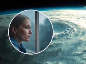 Donna preoccupata dietro la finestra, sullo sfondo un vortice ciclonico