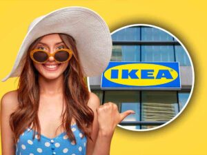 Ragazza vestita da spiaggia e simbolo Ikea