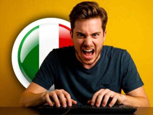 Un ragazzo che fa una smorfia, sullo sfondo un cerchio tricolore