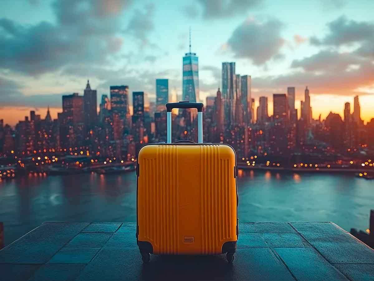 Valigia e città sullo sfondo