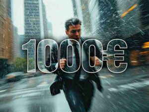 scritto 1000€ con dietro un uomo sotto la pioggia