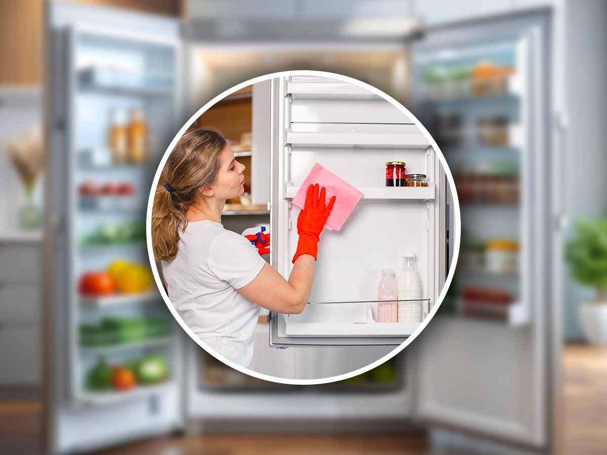 una donna pulisce il frigorifero con uno straccio