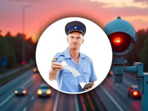un vigile con un verbale di multa e dietro un autovelox