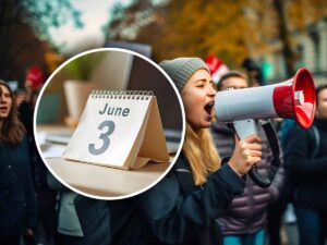 calendario con data tre giorno e dietro una ragazza al megafono