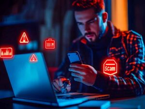 persona davanti al computer con intorno loghi di pericolo