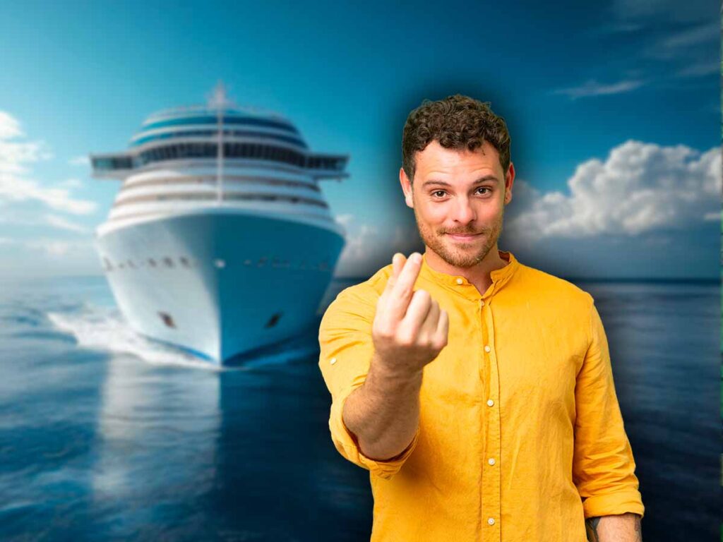 persona che fa segno di risparmio e dietro nave crociera