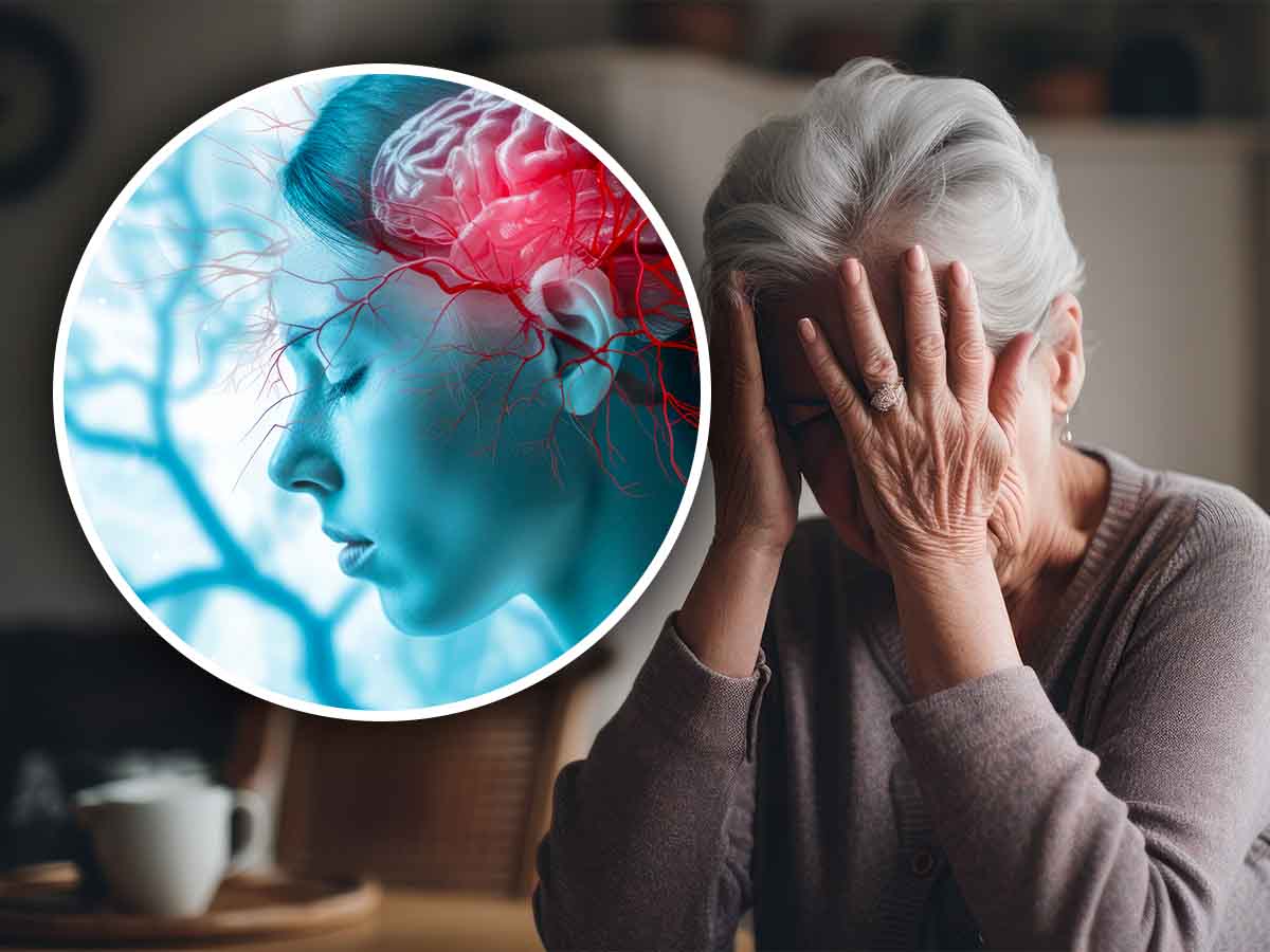 una donna con le mani sul volto e l'immagine del cervello colpito da un ictus