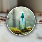 mosche con davanti un flacone di insetticida