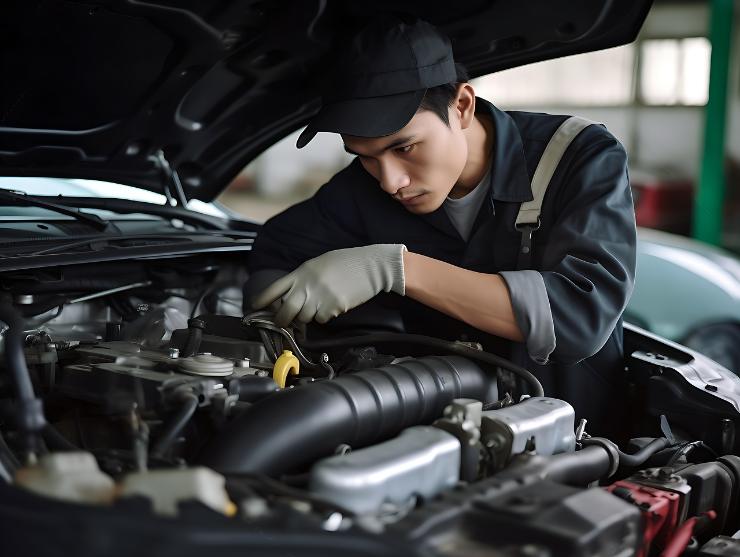 un meccanico al lavoro su un'auto