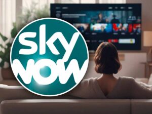 loghi sky now e una persona che guarda la tv