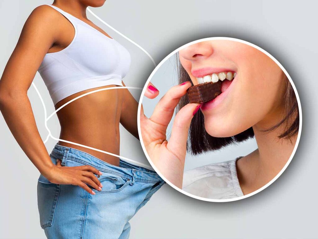 Donna che dimagrisce e che mangia cioccolato