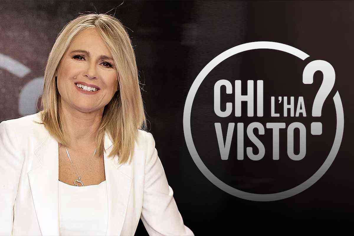 Federica Sciarelli con vicino il logo di Chi l'ha Visto?