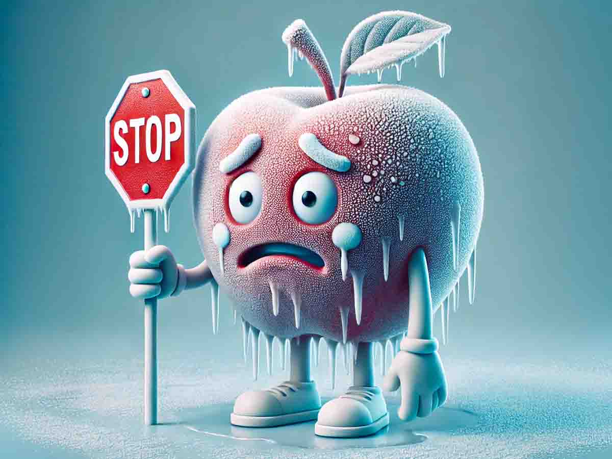 una mela cartone animato congelata con cartello stop