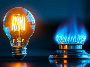 una lampadina accesa e un fornello a gas