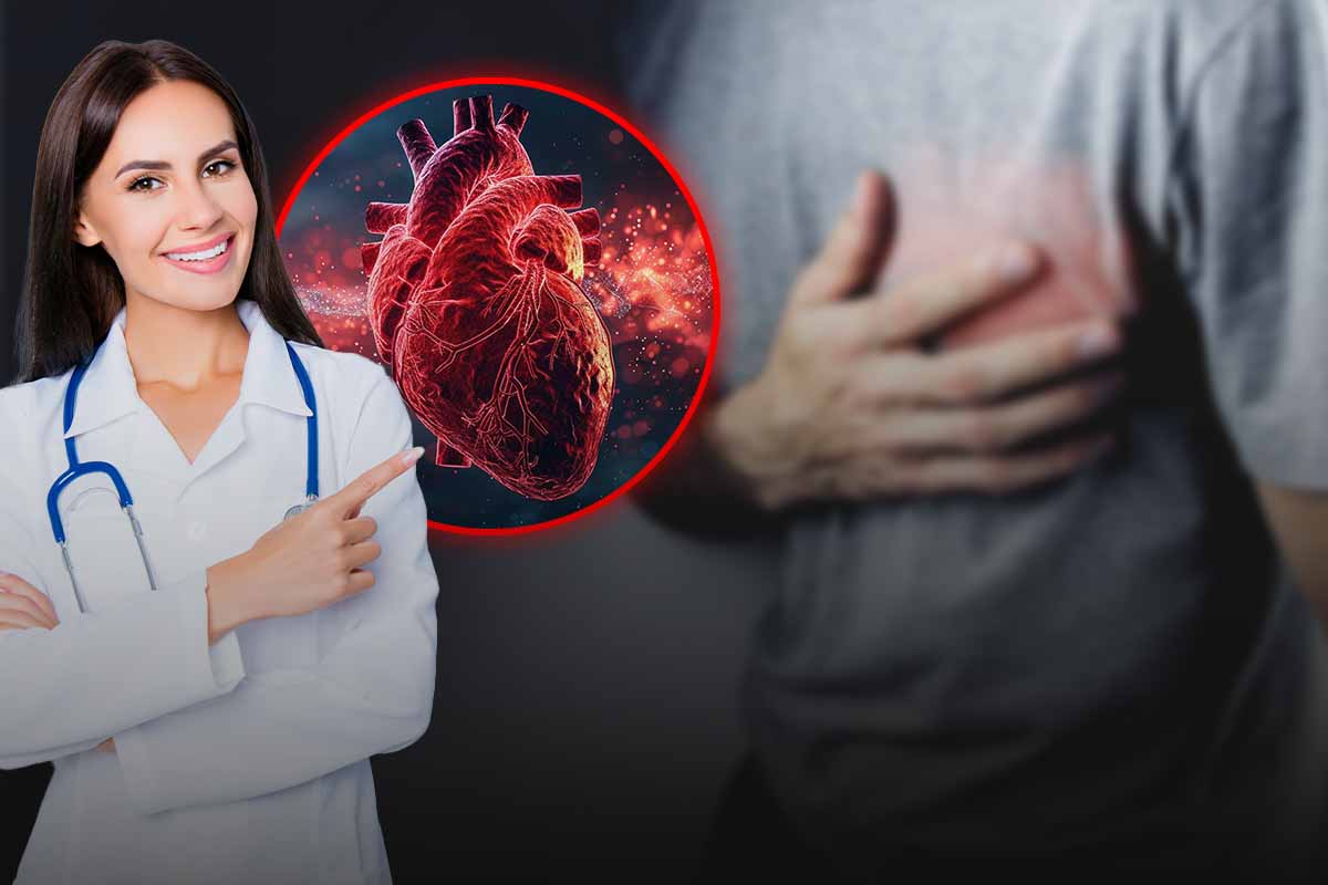 una dottoressa un cuore e un uomo con la mano sul petto