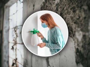 muro con la muffa e una donna con mascherina e spruzzino