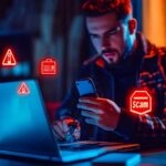 un uomo davanti al computer con uno smartphone in mano