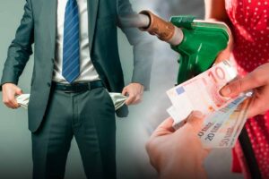 tasche vuote con vicino un erogatore di benzina e delle banconote