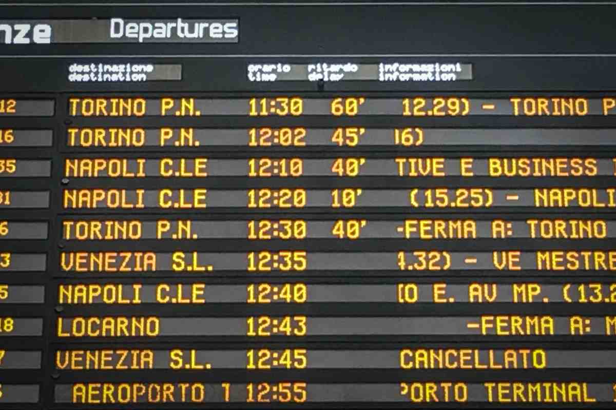 Cartellone treni con ritardi e cancellazioni