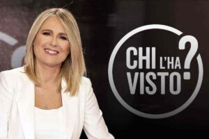 Federica Sciarelli con vicino il logo di Chi l'ha Visto?