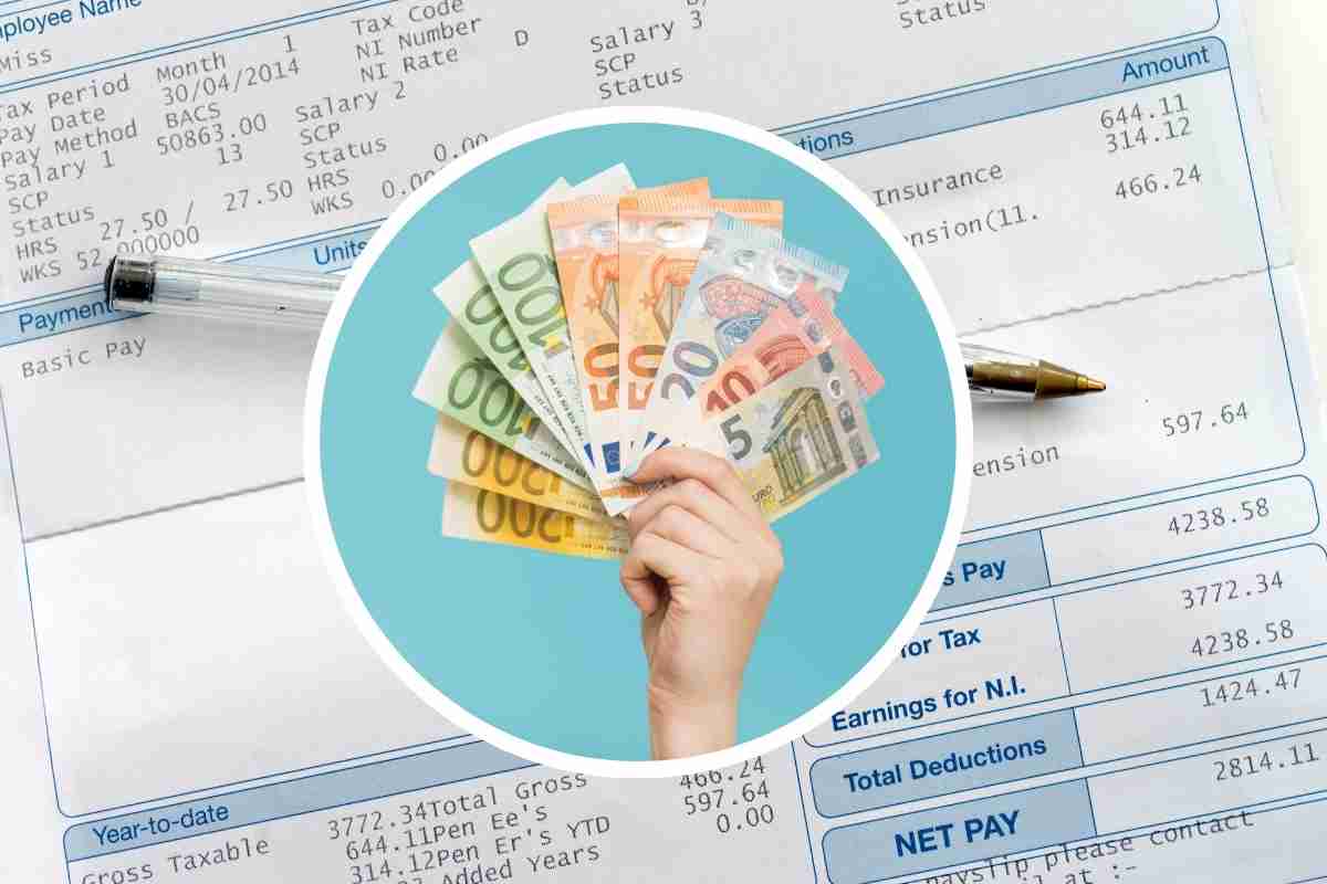 nel cerchio delle banconote con sotto un foglio con calcoli