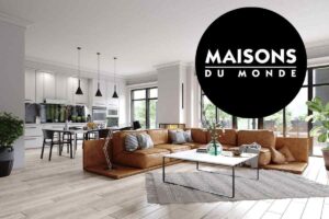 salotto e nel cerchio il logo di maison
