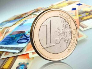 moneta da 1 euro con dietro banconote
