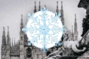 Fiocco di neve e sullo sfondo il duomo di Milano