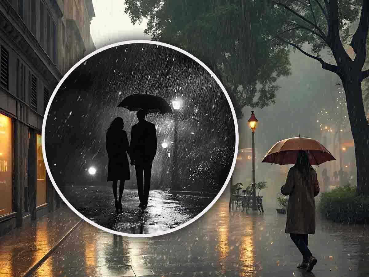 Persone sotto la pioggia con l'ombrello